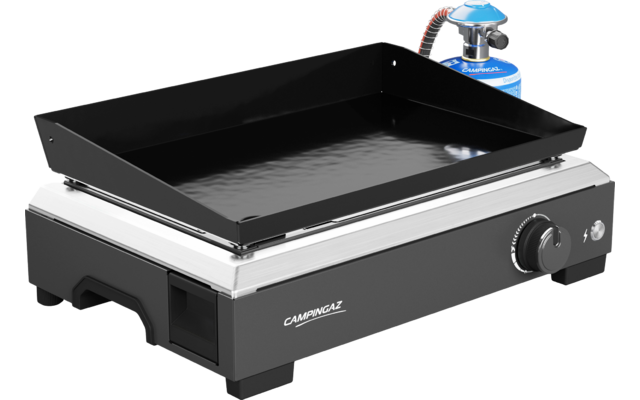 Rectangular black cooking plate on a silver housing, black base, control knob front right, blue gas canister with regulator behind on the right