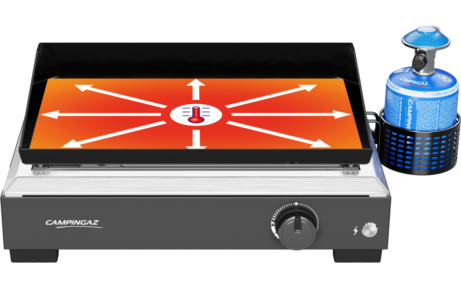 Rectangular camping stove with flat griddle; on the orange griddle surface white arrows radiate from a central thermometer symbol; silver body with a front control knob; blue gas canister attached on the right in a black holder