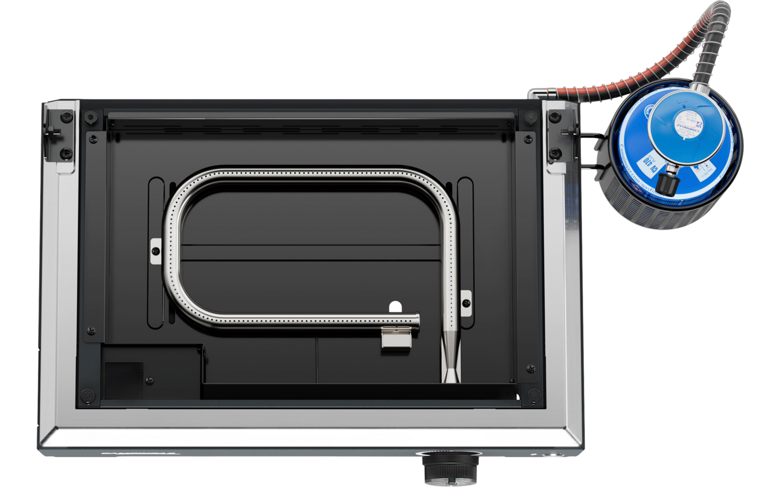 Rectangular dark metal housing with an oval metal tube centered, horizontally ridged back panel, round black knob at bottom, and a round blue device at the top right with a coiled cable