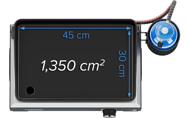 Rectangular black surface with blue arrows at top ('45 cm') and at right ('30 cm'), central text '1,350 cm²', round blue device with hose at top right, silver frame, knob bottom center, small hole bottom left