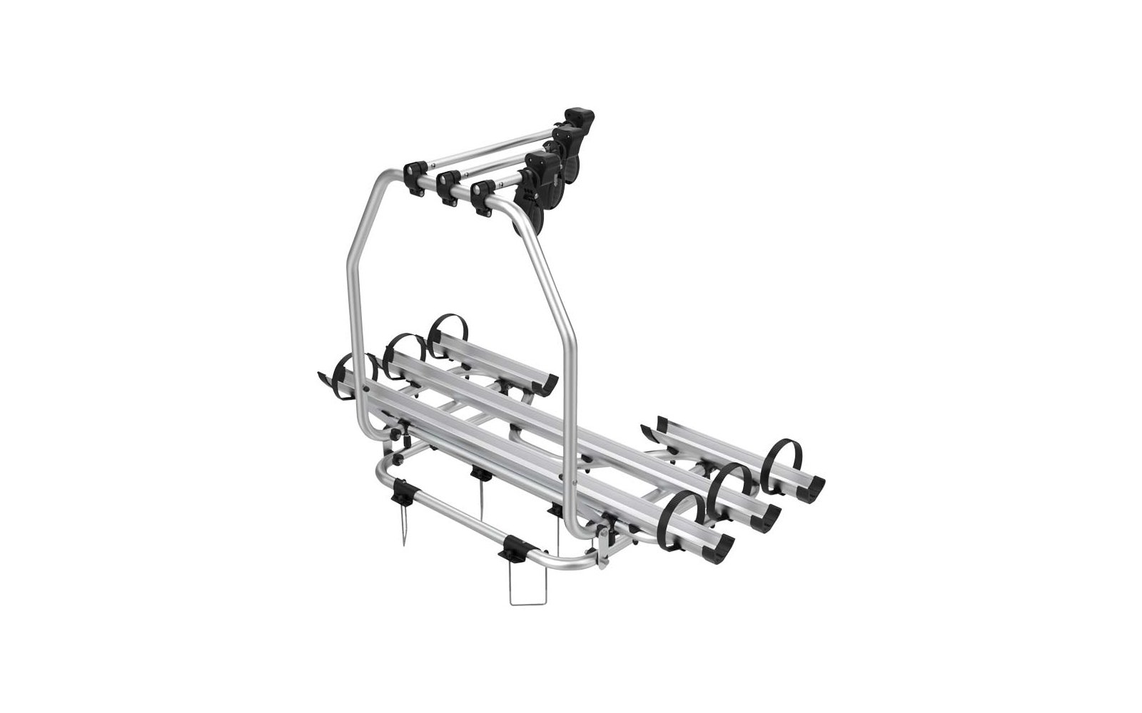 Weiße Fahrradträger-Konstruktion aus Metall mit Halterungen und Befestigungen, freigestellt vor weißem Hintergrund