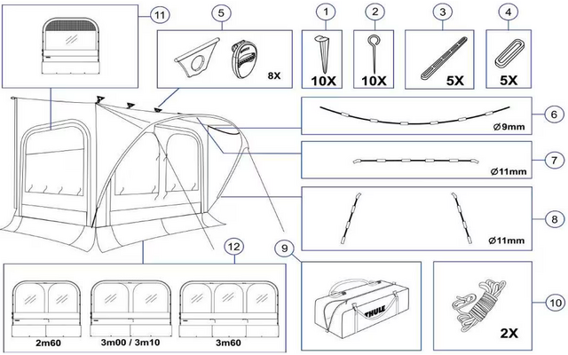 Schwarz-weiße technische Zeichnung eines Vorzelts mit drei großen Frontfenstern und einem Seiteneingang; Pfeile zu nummerierten Detailfeldern mit Abbildungen von Verbindungsteilen, Schrauben, Clips und Stangen (Ø9mm, Ø11mm) mit Mengenangaben (z. B. 1