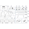 Dibujo técnico en blanco y negro de un toldo/tienda con tres grandes ventanas frontales y una entrada lateral; flechas hacia recuadros numerados que muestran piezas de fijación, tornillos, clips y varillas (Ø9mm, Ø11mm) con cantidades indicadas (p. ej. 10x, 8x, 5x); dimensiones 2m60 / 3m00 / 3m10 / 3m60; bolsa de transporte con la palabra "THULE" y dos correas