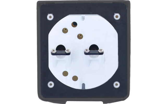 Weißer runder Einsatz mit fünf runden Kontaktöffnungen und zwei Metallanschlüssen mit Schrauben, montiert auf einer schwarzen quadratischen Platte mit vier sichtbaren Schrauben