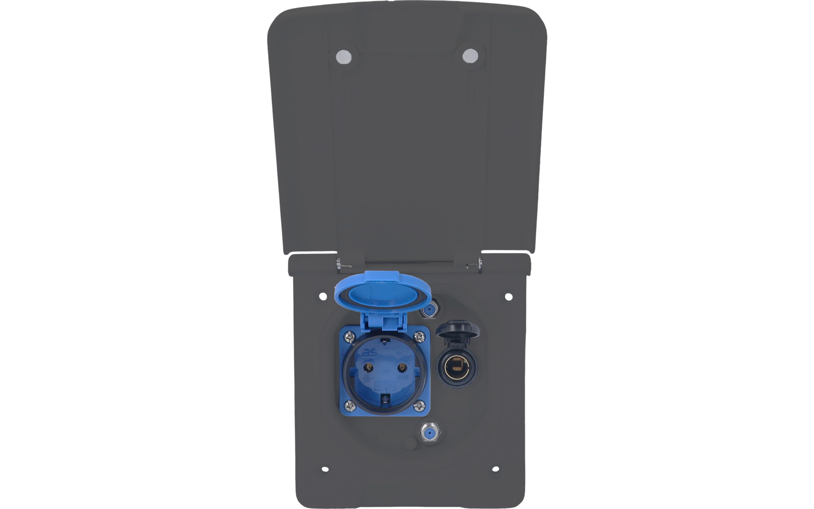 Dunkelgraues rechteckiges Panel mit abgerundeter Oberkante, links offene blaue runde Steckdose mit Klappdeckel, rechts kleinere schwarze runde Buchse, sichtbare Schrauben und Scharnier oben