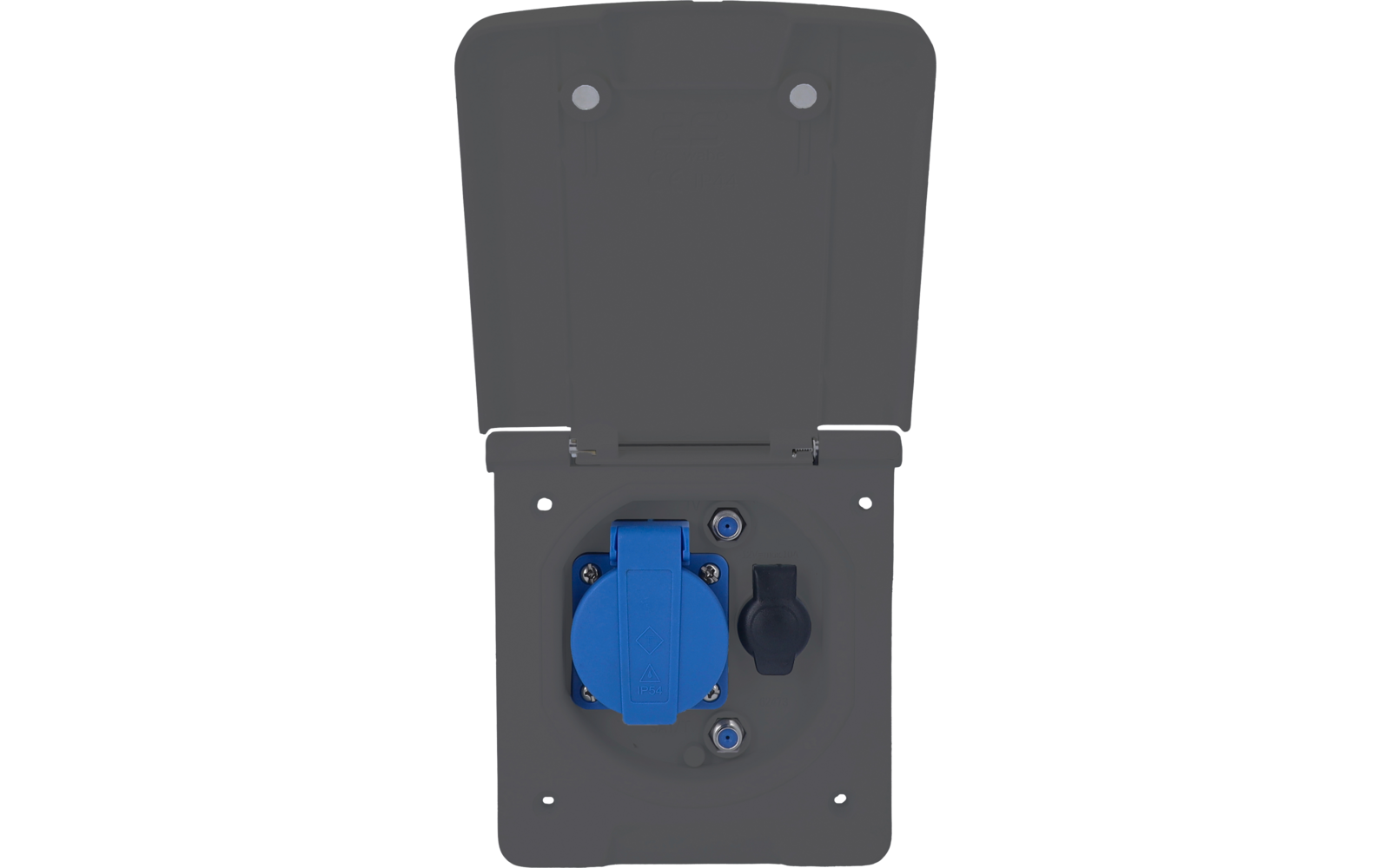 Graues Wandgehäuse mit auf­geklapptem Deckel; darunter links eine blaue, runde Steckdose mit Klappdeckel und rechts eine schwarze Gummikappe; sichtbare Schrauben