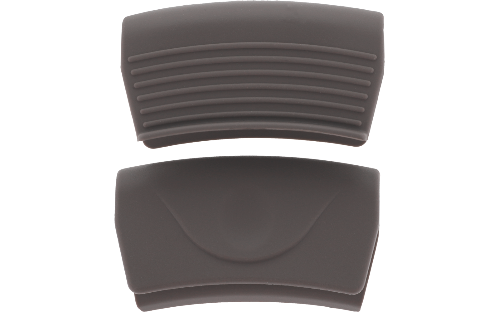 Zwei dunkelbraune, abgerundete Teile auf weißem Hintergrund; oberes Teil mit horizontalen Rillen, unteres mit glatter Fläche und zentraler bogenförmiger Vertiefung
