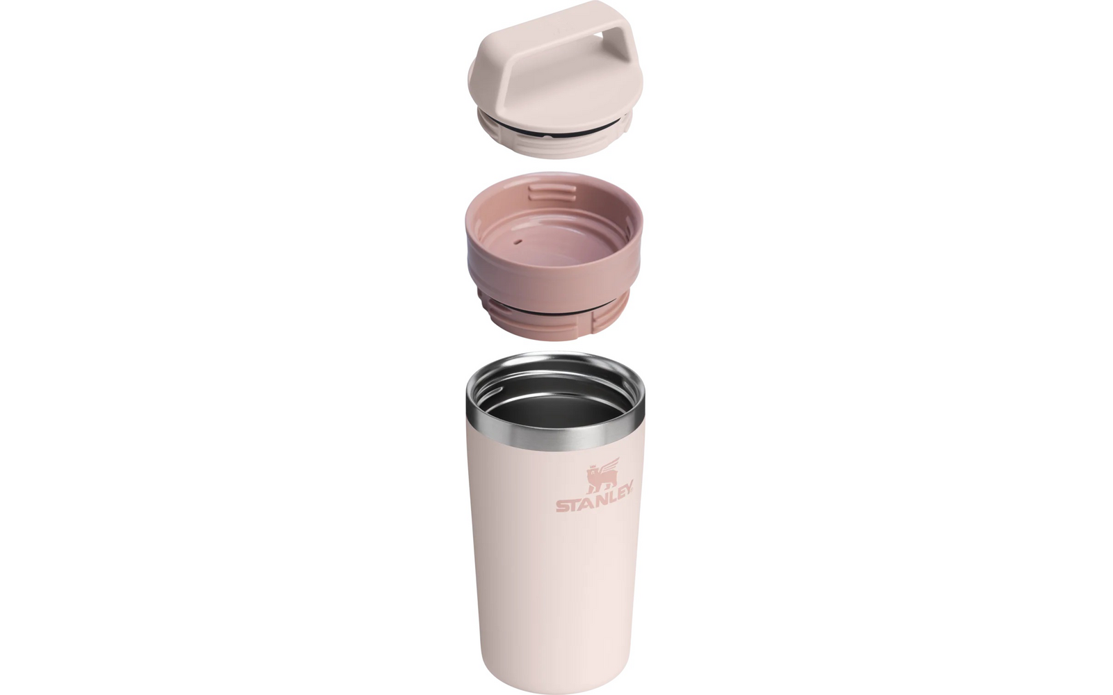 Zerlegter hellrosa Edelstahl-Isolierbecher mit sichtbarem Stanley-Logo, zusammenklappbarer rosafarbener Silikonbecher und abnehmbarer Deckel mit Griff