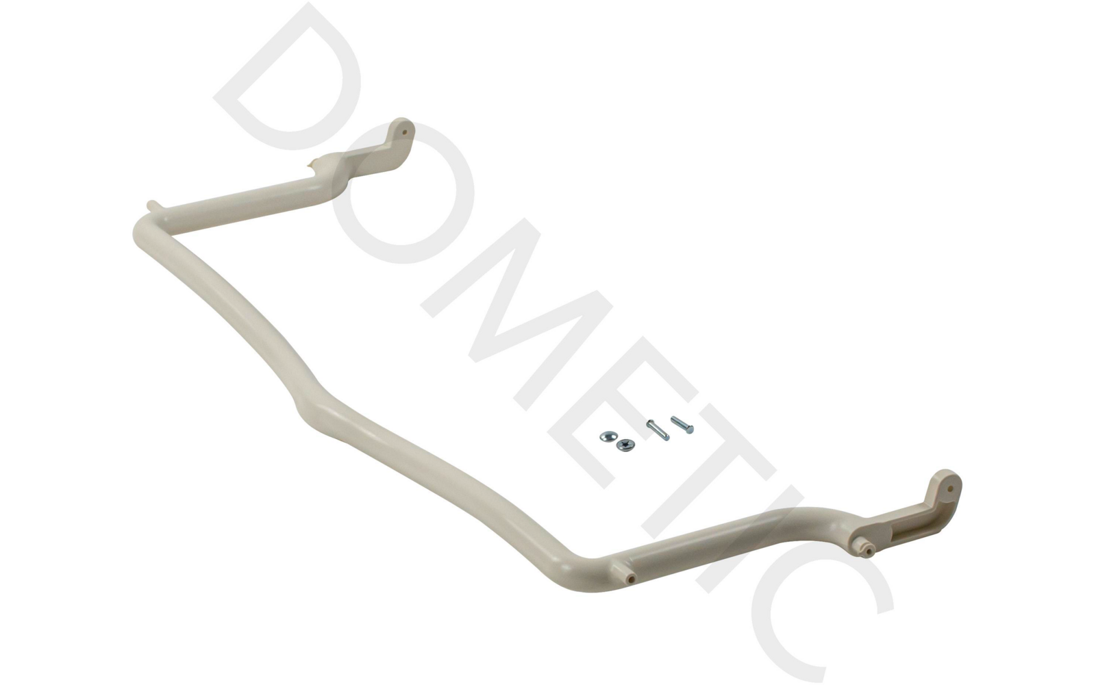 Beige gebogener Metallträger mit zwei Halterungen an den Enden und drei kleinen Schrauben mit Unterlegscheiben auf weißem Hintergrund, Wasserzeichen "DOMETIC"