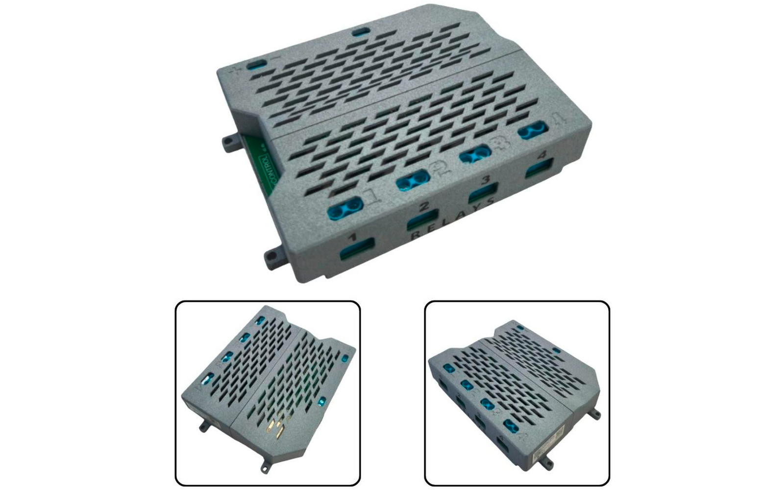 Metallgehäuse mit belüfteten Öffnungen und blauen Anschlüssen