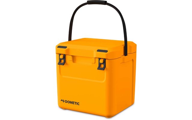 Orangene Kühlbox mit schwarzem Tragegriff und zwei schwarzen Verschlüssen