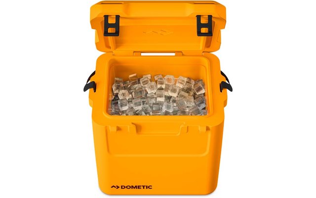 Geöffnete gelbe Kühlbox mit Eiswürfeln darin