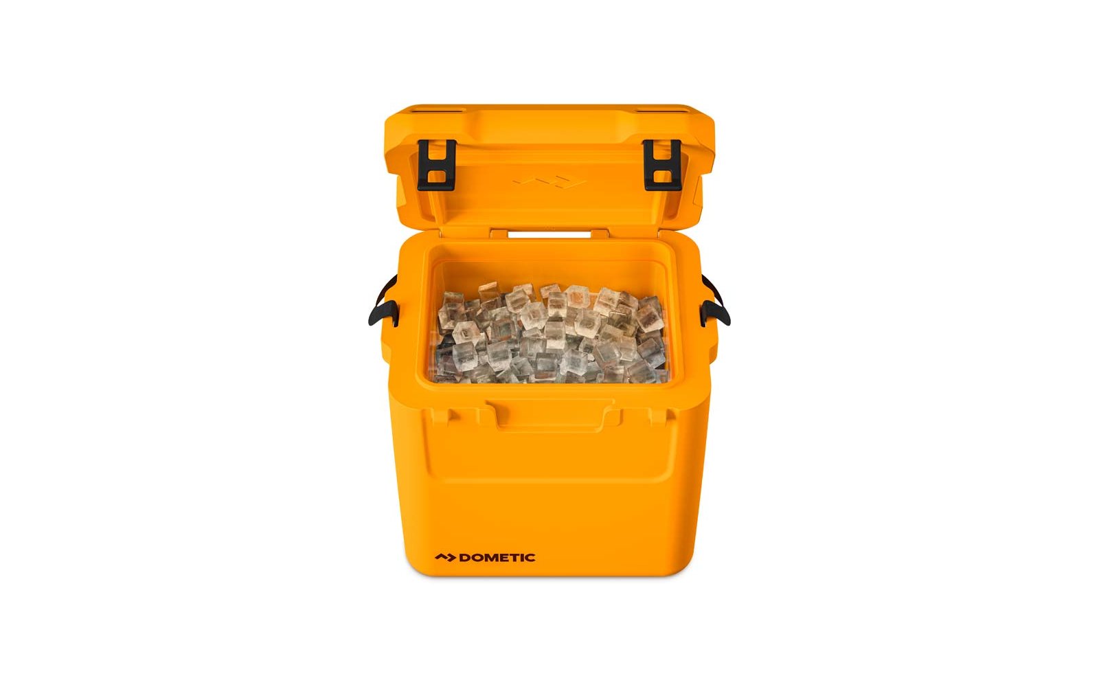 Geöffnete gelbe Kühlbox mit Eiswürfeln darin