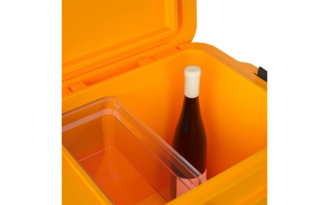 Offene orange Kühlbox mit einer Weinflasche und einem durchsichtigen Behälter im Inneren