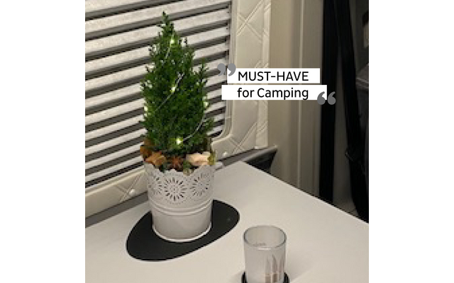 Kleiner grüner Tannenbaum in weißem Topf mit Dekoration auf einem weißen Tisch im Innenraum