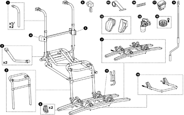 Technische Zeichnung eines zusammenbaubaren Rollators mit einzelnen nummerierten Bauteilen
