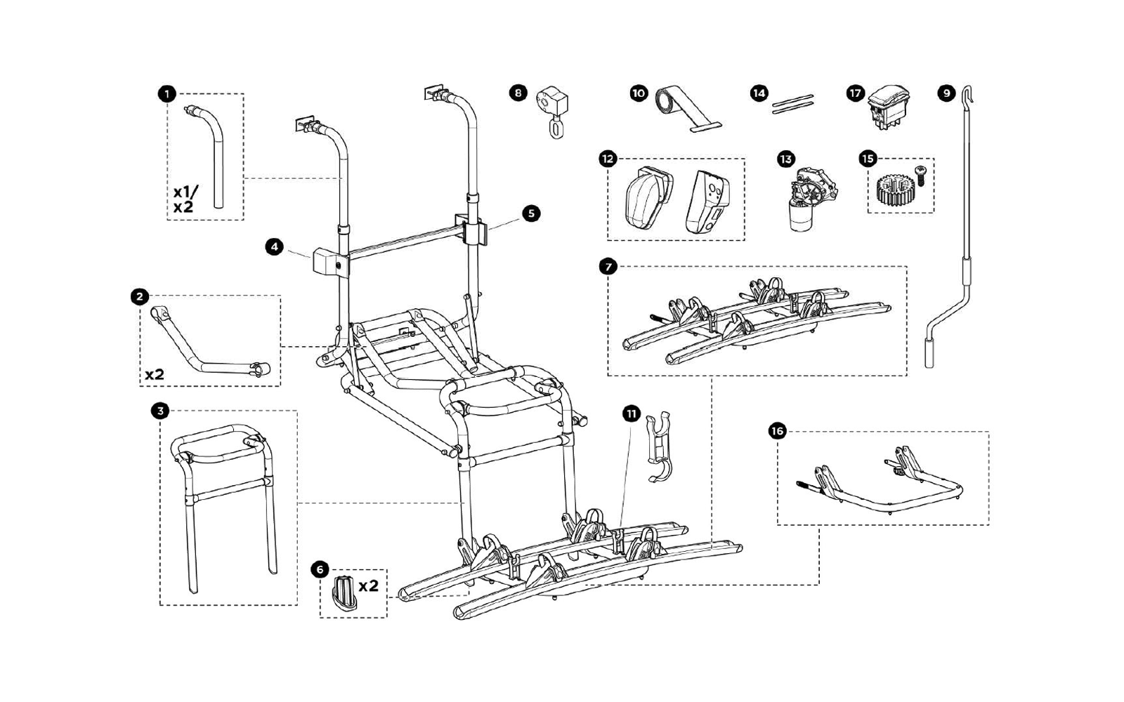 Technische Zeichnung eines zusammenbaubaren Rollators mit einzelnen nummerierten Bauteilen