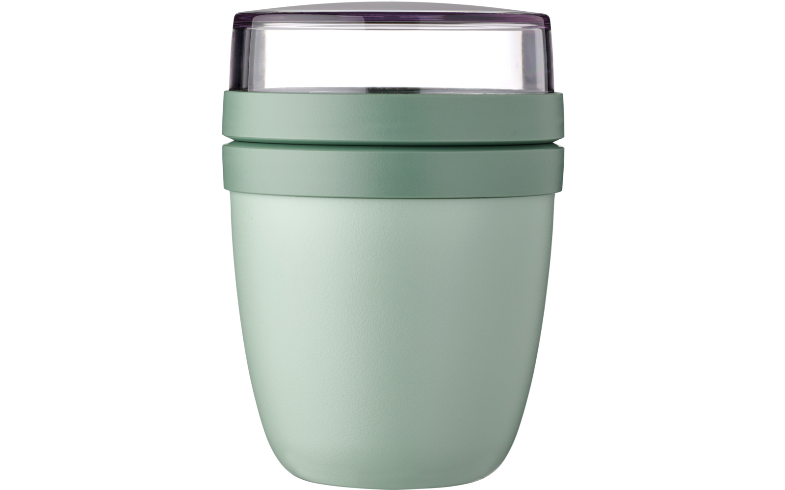 Hellgrüner Becher mit matter Oberfläche, zwei umlaufenden Rillen und transparentem, leicht violett getöntem Deckel