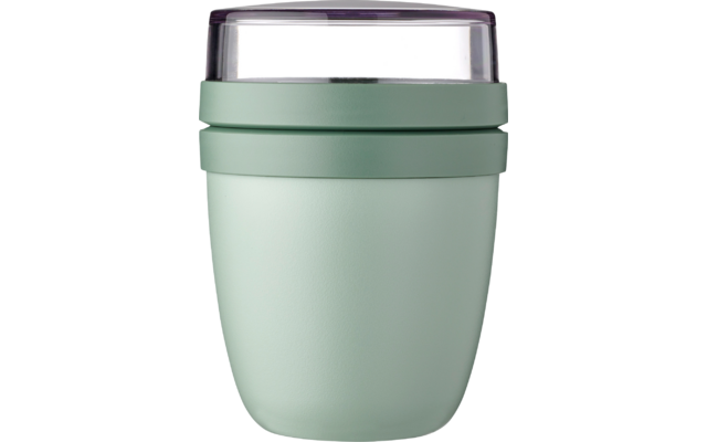 Gobelet vert clair à surface mate, deux rainures horizontales et un couvercle transparent légèrement violacé