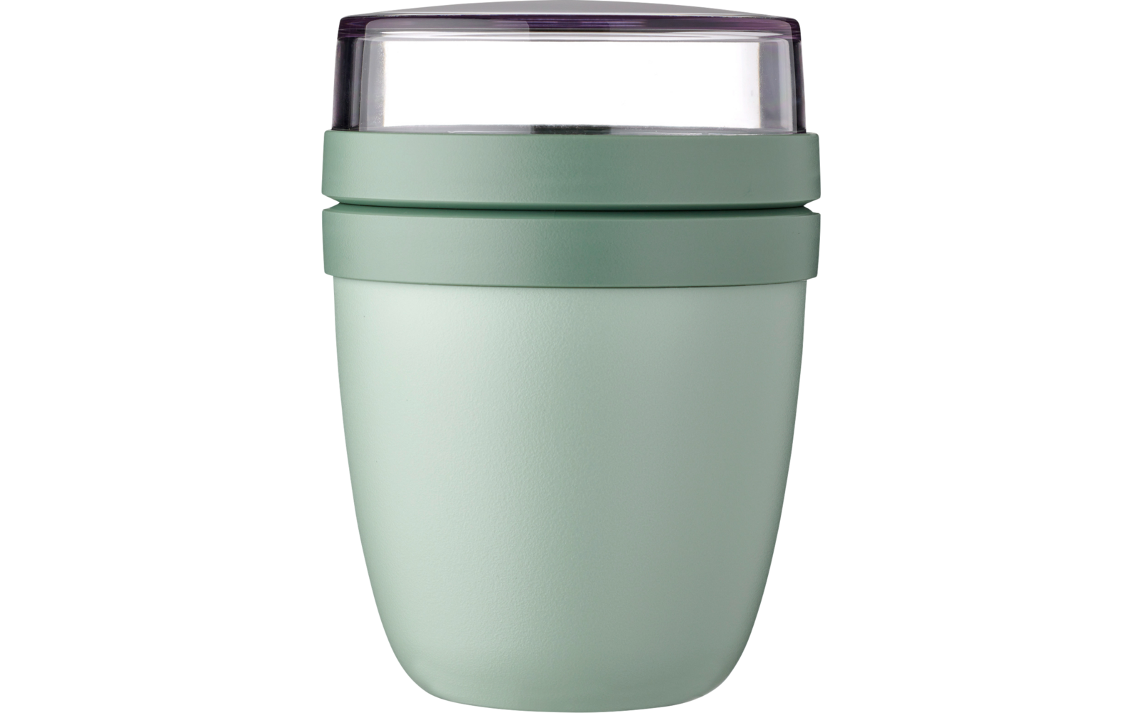 Gobelet vert clair à surface mate, deux rainures horizontales et un couvercle transparent légèrement violacé