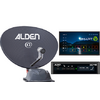 Parabolische schotel met 'ALDEN' en '@' erop, LNB-arm, ontvangerkastje met 'ALDEN' en display 'ASTRA 19E', televisiescherm met Smart TV-menu, app-pictogrammen en 'SMART TV'-logo