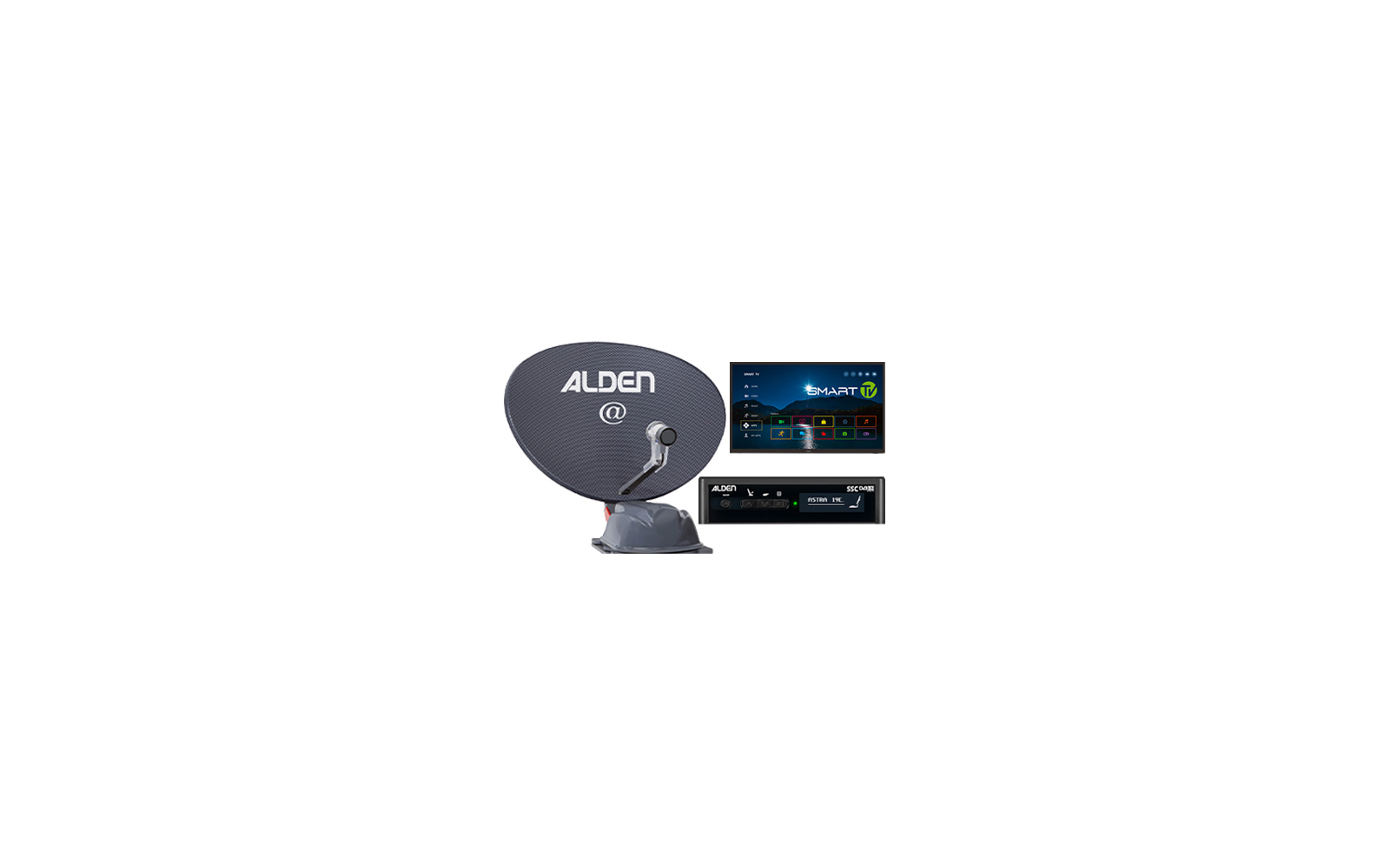 Parabolische schotel met 'ALDEN' en '@' erop, LNB-arm, ontvangerkastje met 'ALDEN' en display 'ASTRA 19E', televisiescherm met Smart TV-menu, app-pictogrammen en 'SMART TV'-logo