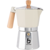 Beige espressokannetje (moka) met houten handvat en houten knop, zilveren onderkant met bo-camp logo