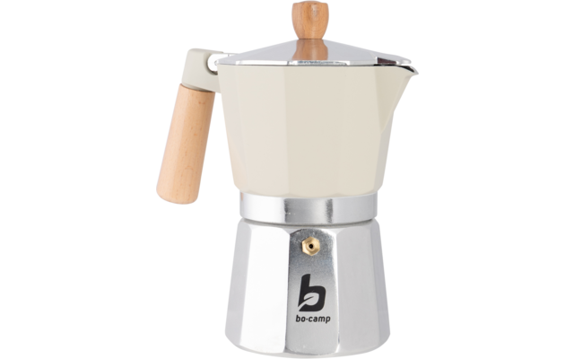 Beige espressokannetje (moka) met houten handvat en houten knop, zilveren onderkant met bo-camp logo
