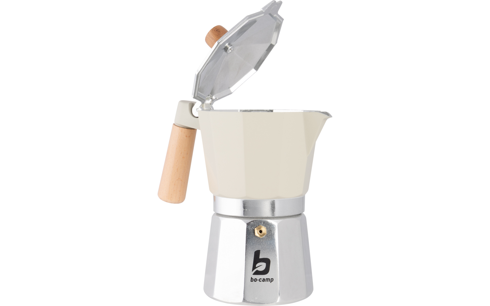Zilveren en beige metalen kan met geopend deksel, houten handvat en zwart bo-camp-logo