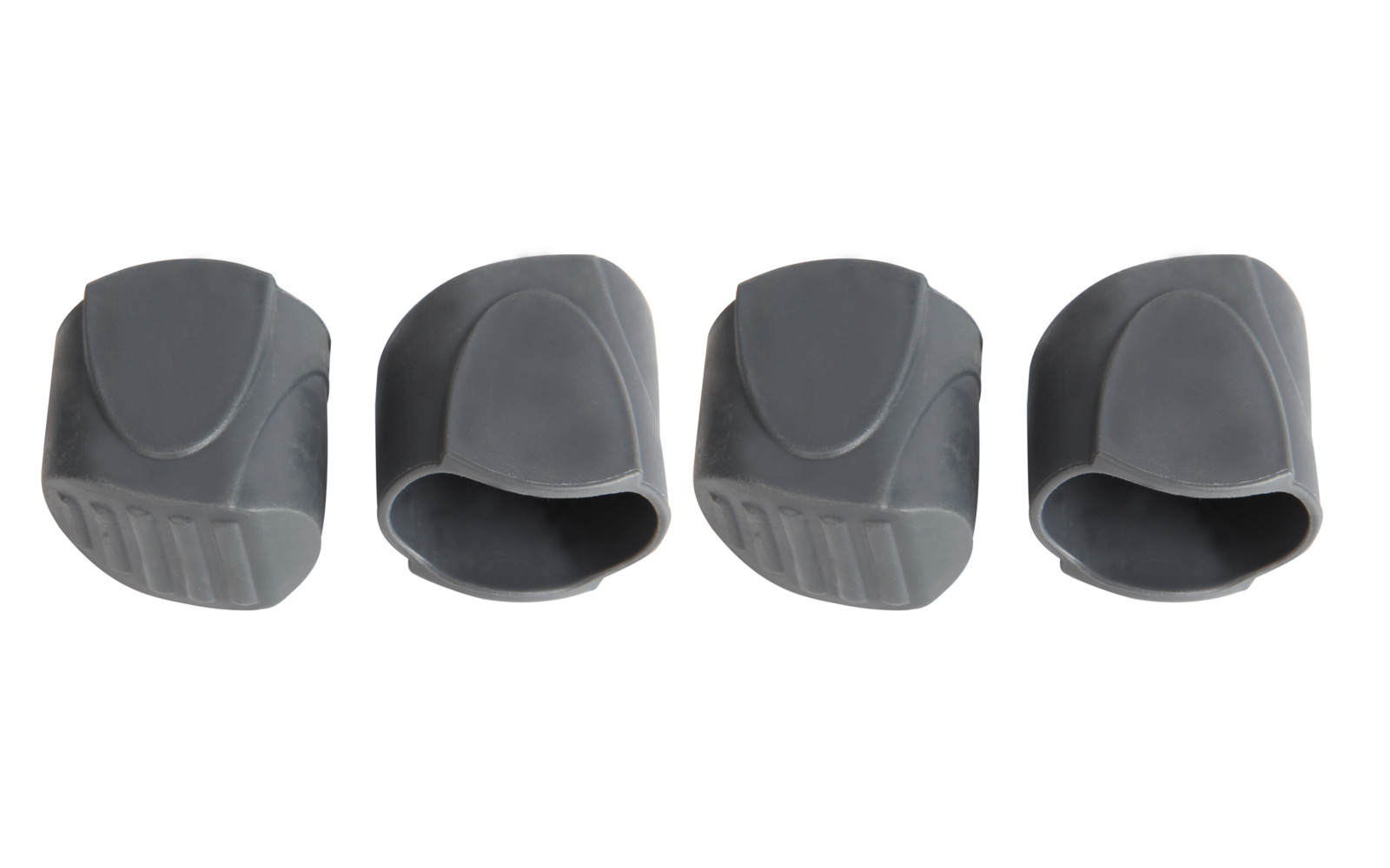 Vier grijze, halfronde hoesjes met open onderkant naast elkaar op een witte achtergrond