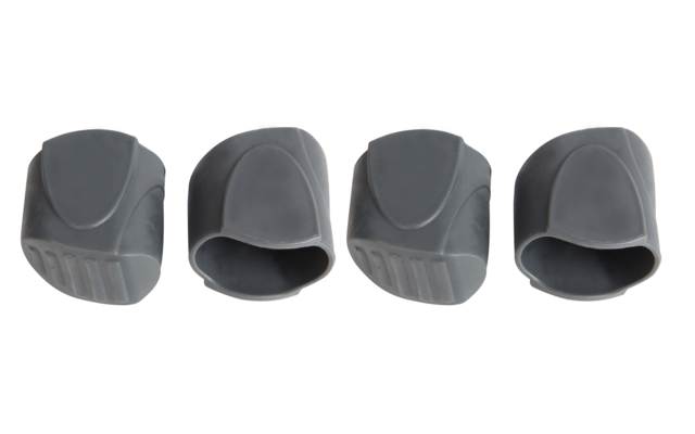 Vier grijze, halfronde hoesjes met open onderkant naast elkaar op een witte achtergrond