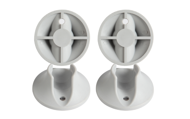 Two white wall mounts with round heads and mounting screws