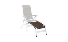 Brown padded footrest with silver metal frame in front of a light folding chair