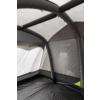 Interieur van een tent met zwarte opblaasbare bogen, grijze stofwanden, een halfdoorzichtig dak en een zwarte vloer; zichtbare naden en een groen label in een hoek