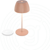 Rosa Tischlampe mit geripptem Lampenschirm, schlankem Stiel und runder Basis; links eine weiße flache runde Scheibe; heller Hintergrund mit dünnen kreisförmigen Linien