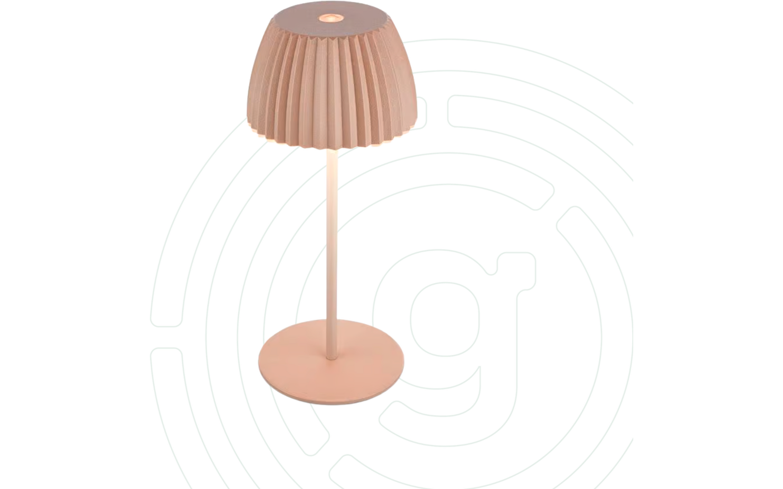 Rosa Tischlampe mit plisseeartigem Lampenschirm, schlankem Stab, rundem Sockel und kleinem hellem Punkt in der Schirmmitte vor weißem Hintergrund