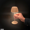 Hand mit mehreren Ringen und Armband hält eine kleine beige Tischlampe mit rundem Sockel, dünnem Stiel und plissiertem Lampenschirm; Lampe leuchtet; dunkler Hintergrund; kleiner 'AI GENERATED'-Schriftzug unten links