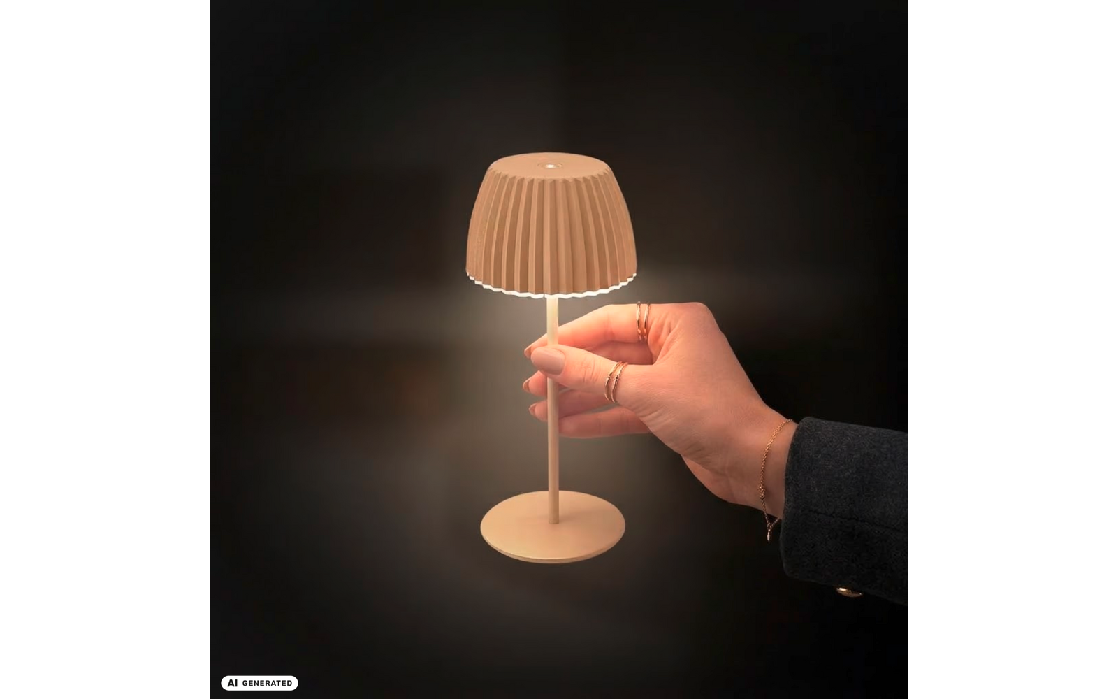 Hand mit mehreren Ringen und Armband hält eine kleine beige Tischlampe mit rundem Sockel, dünnem Stiel und plissiertem Lampenschirm; Lampe leuchtet; dunkler Hintergrund; kleiner 'AI GENERATED'-Schriftzug unten links