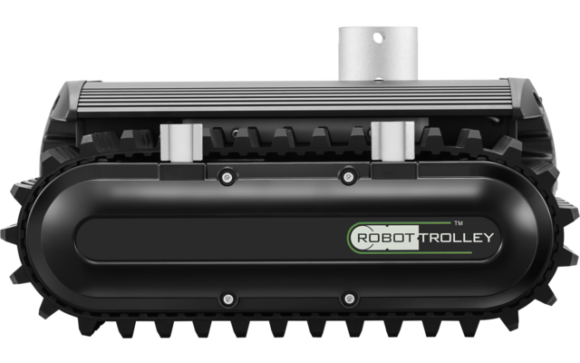 Schwarze Ketteneinheit mit Gummiprofil, zwei silberne Rollen, schwarzes Gehäuse mit grün-weißem Schriftzug 'ROBOT TROLLEY' und vertikalem Metallrohr oben