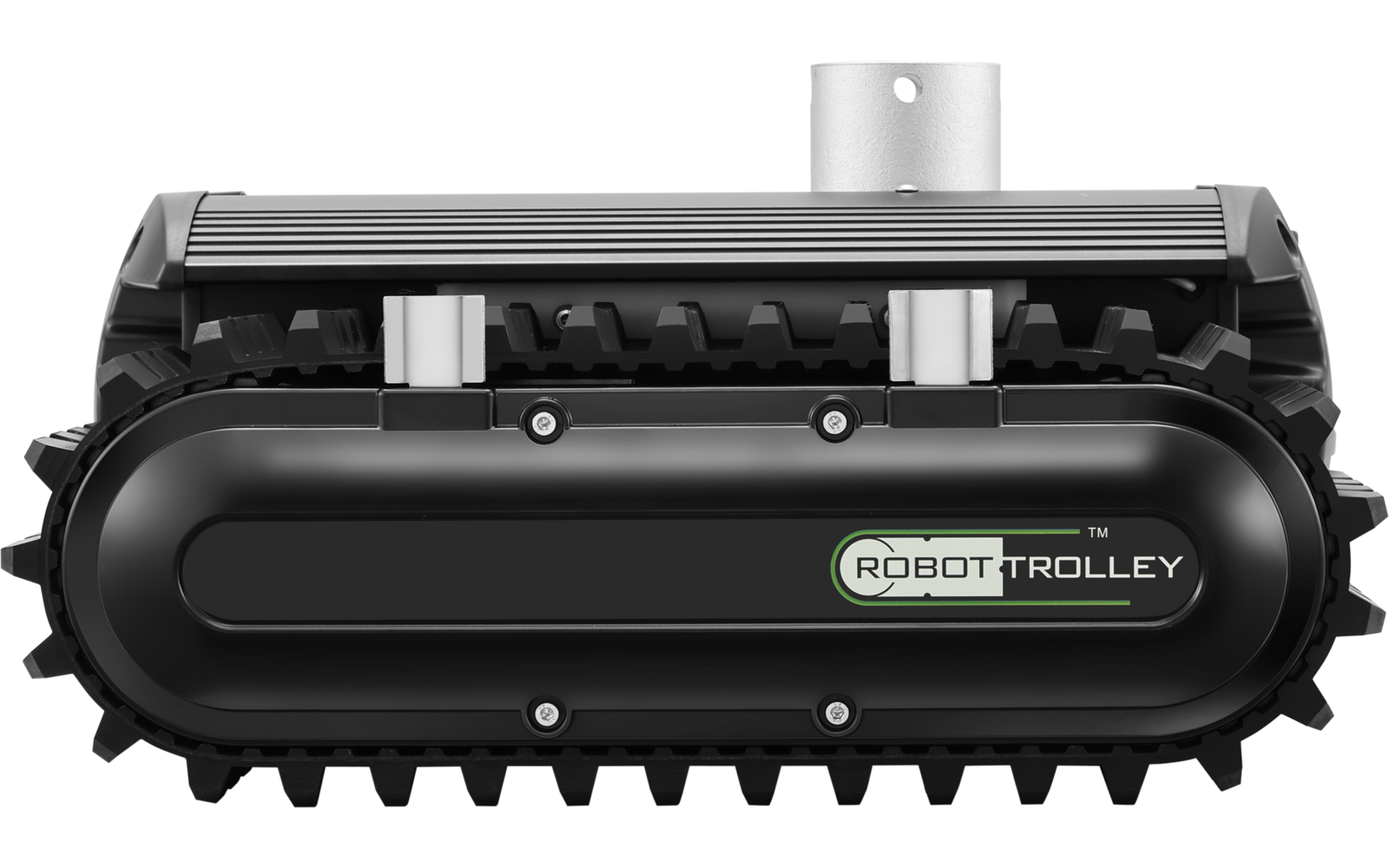 Schwarze Ketteneinheit mit Gummiprofil, zwei silberne Rollen, schwarzes Gehäuse mit grün-weißem Schriftzug 'ROBOT TROLLEY' und vertikalem Metallrohr oben