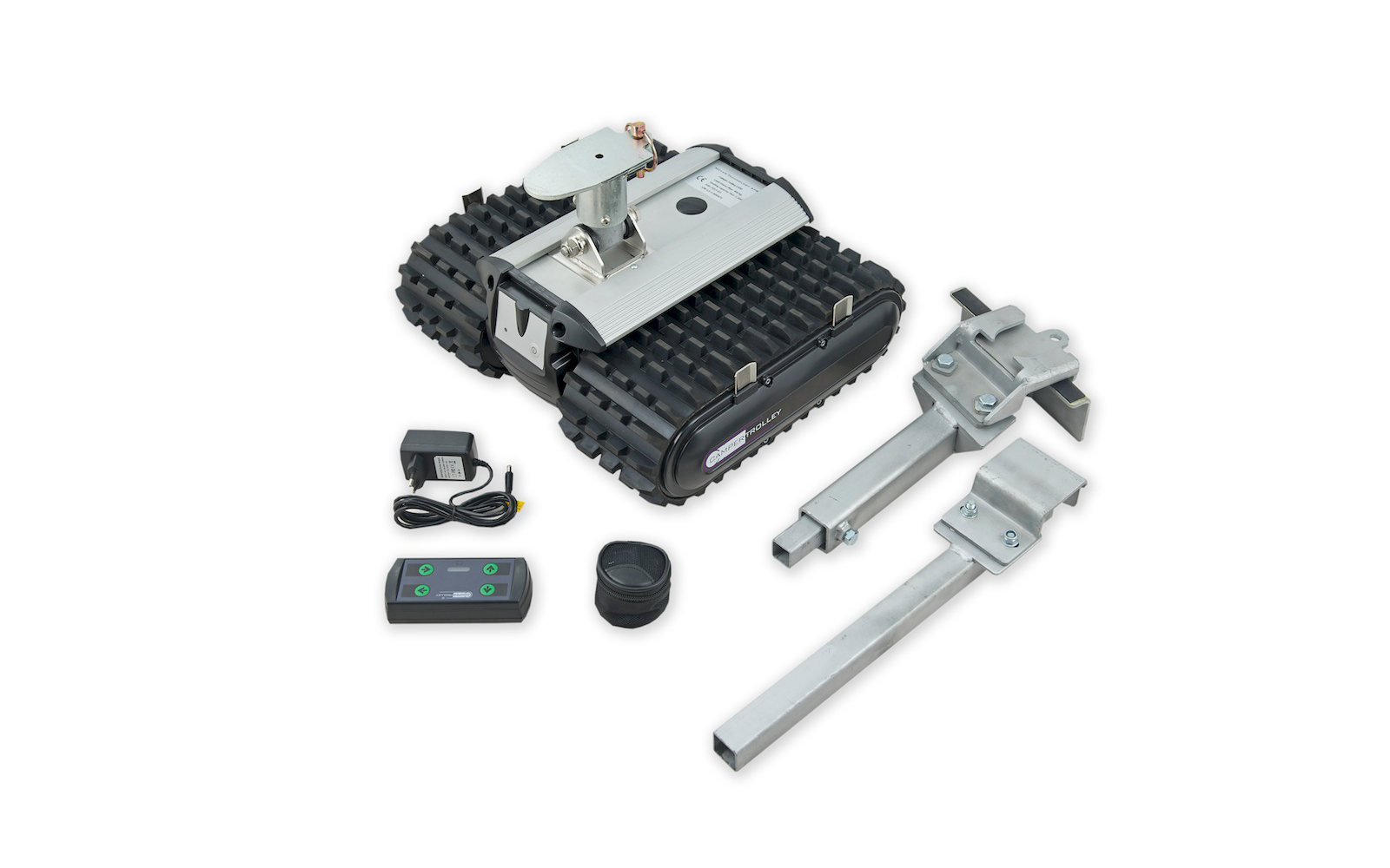 Schwarzer geländegängiger Roboter mit Raupenketten und elektronischem Zubehör auf weißem Hintergrund