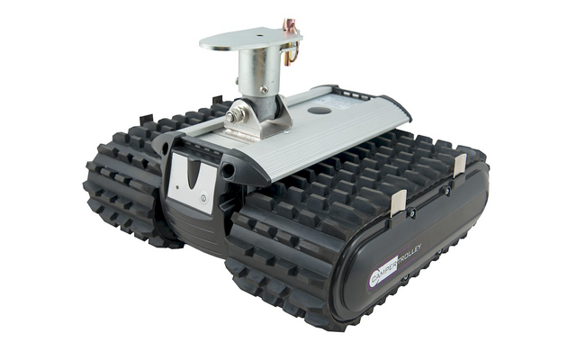 Kleiner Roboter mit Kettenantrieb und einer Kamera auf der Oberseite