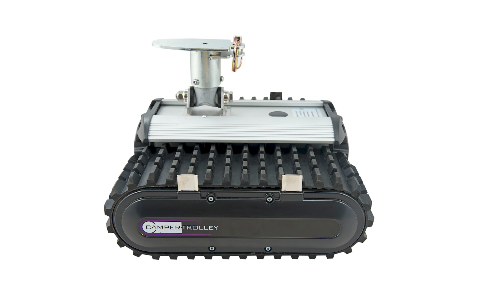 Kleiner, fahrbarer Roboter mit Raupenantrieb und einem weißen Deckel