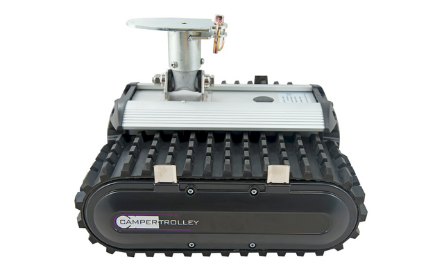 Kleiner, fahrbarer Roboter mit Raupenantrieb und einem weißen Deckel