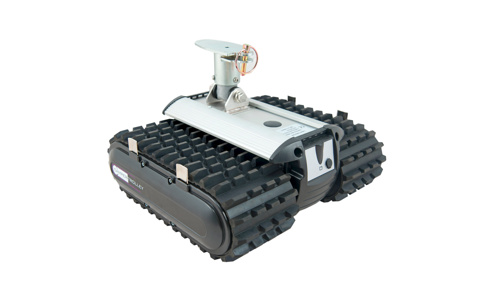 Kleiner roboterähnlicher Kettenfahrzeug mit Kamera auf weißem Hintergrund