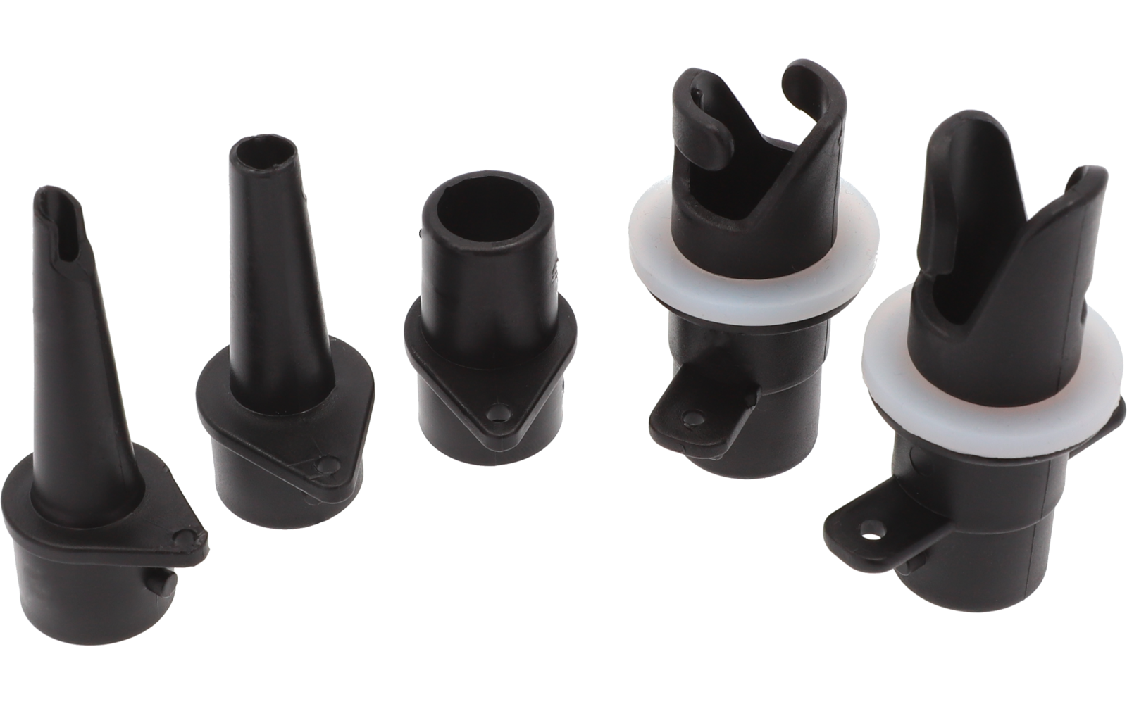 Sechs schwarze Kunststoffteile in unterschiedlichen Formen, zwei mit weißem Ring, auf weißem Hintergrund