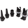 Sechs schwarze Kunststoffteile in unterschiedlichen Formen, zwei mit weißem Ring, auf weißem Hintergrund