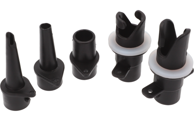 Sechs schwarze Kunststoffteile in unterschiedlichen Formen, zwei mit weißem Ring, auf weißem Hintergrund
