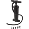Schwarze Handpumpe mit gebogenem Schlauch und fünf Aufsätzen daneben