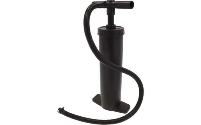 Schwarzer zylindrischer Behälter mit T-förmigem Griff oben, flexiblem Schlauch mit kleinem Aufsatz am Ende und zwei flachen Standplatten am Boden